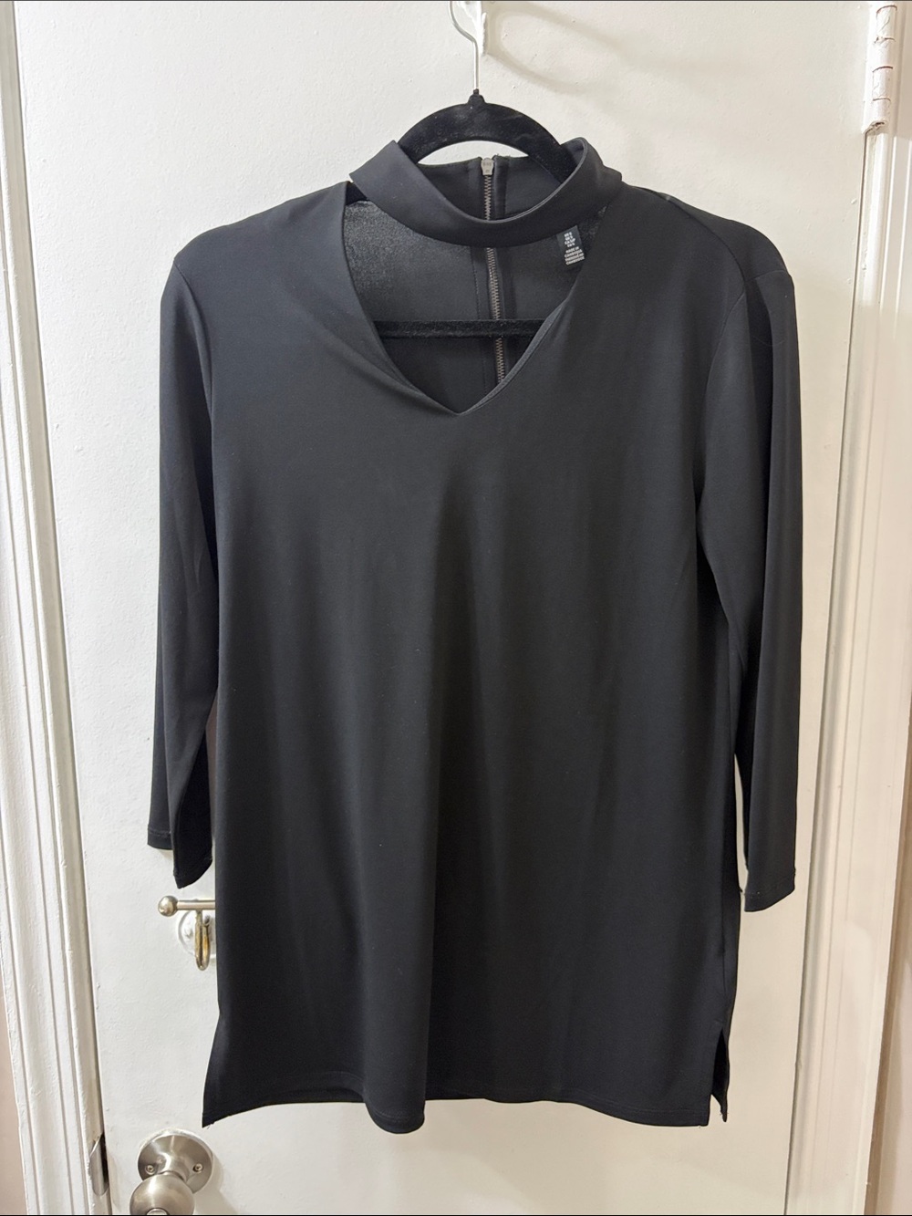 Women's Black Long-Sleeve Mock Neck V-Detail Top